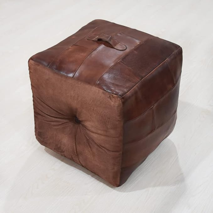 Handmade Eco-Friendly Geometric Leather Pouf Brown Color Square 18" x 18" x 18" Buffalo Leather Pouf for Living Room, Bedroom Seating, Patio