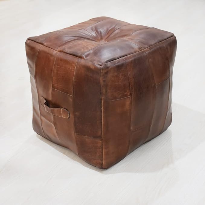 Handmade Eco-Friendly Geometric Leather Pouf Brown Color Square 18" x 18" x 18" Buffalo Leather Pouf for Living Room, Bedroom Seating, Patio