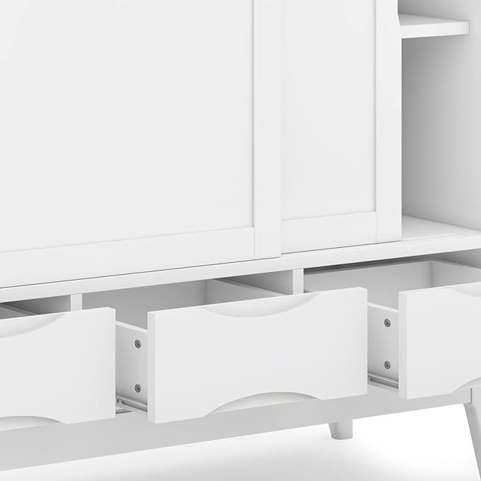 SIMPLIHOME Harper Medium Storage Cabinet - 48 inch Wide Solid Hardwood Sliding Door Cabinet in White, Mid-Century Modern Cupboard for Living Room or Entryway with 3 Drawers and Tapered Legs