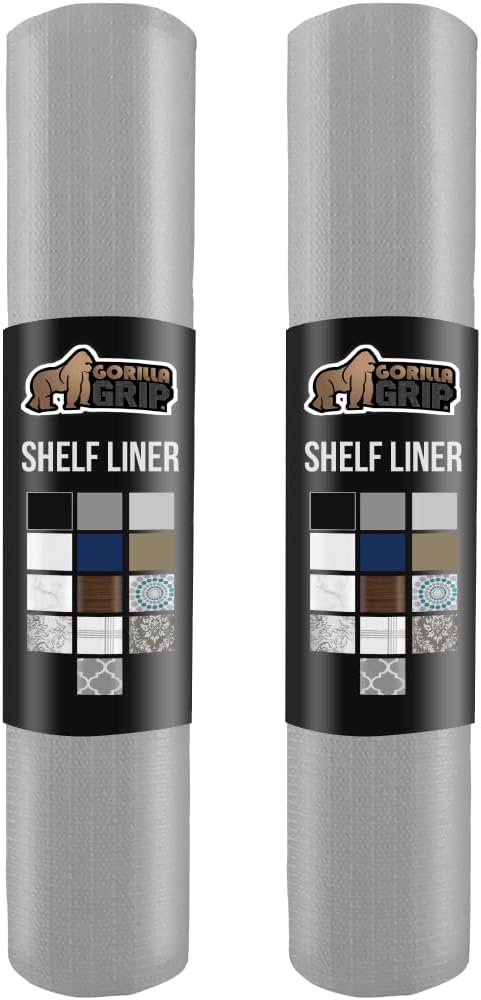 GORILLA GRIP Slip Resistant Drawer and Shelf Liner 2 Pack, Non Adhesive Water Resistant, Easy Clean and Trim, Smooth Surface Liners for Kitchen Cabinet Shelves Drawers Pantry 12 IN x 10 FT, Light Gray