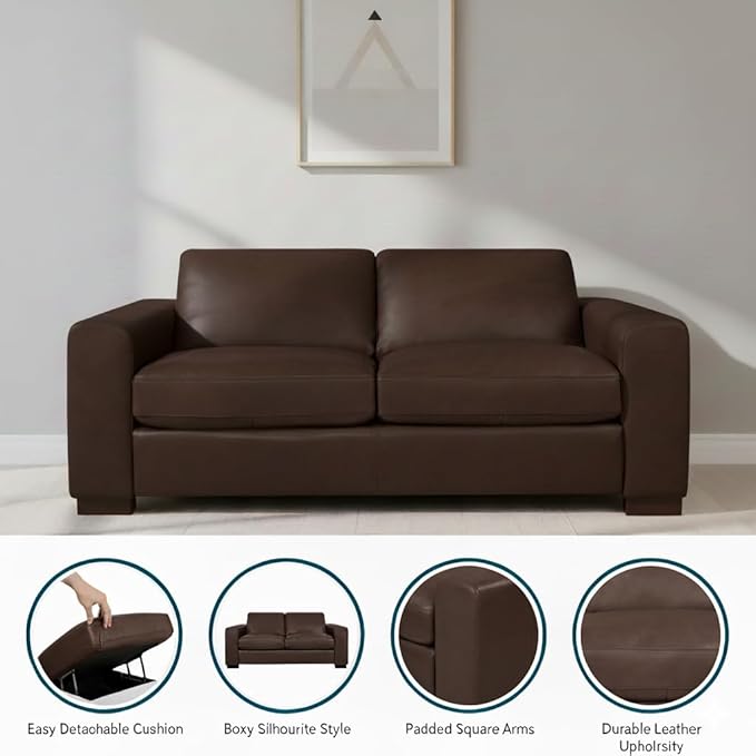 Naomi Home Freya Oversized Genuine Leather Loveseat Sofa - Ultimate Comfort - Modern Small Couch - Mid-Century Living Room Couch, Eco-Friendly Corner Loveseat, Reversible Cushions, Espresso