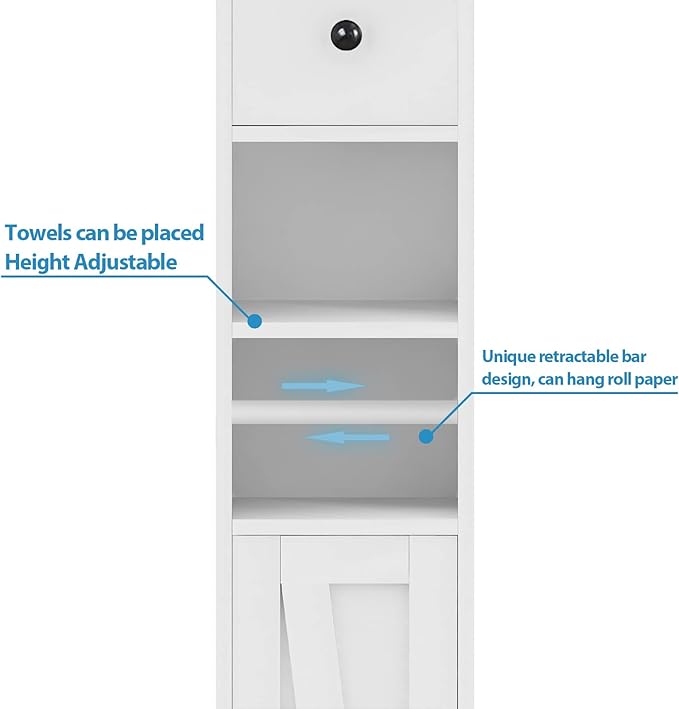 Maupvit Bathroom Cabinet with Adjustable Shelf, Storage Cabinet for Small Space, Tall Bathroom Storage Cabinet with Retractable Toilet Paper Rod, Narrow Cabinet with 2 Doors, 8 Compartments (White)