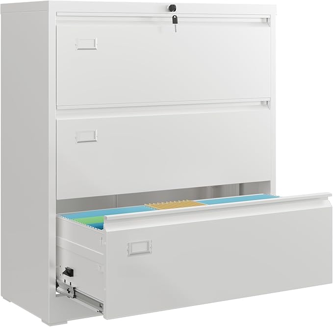 DEVAISE 3 Drawer Lateral File Cabinet with Lock, Metal Filing Cabinets for Home Office, 16" D x 35" W x 40.5" H Wide Storage Organization for Hanging Files Letter/A4/Legal/F4 Size, White