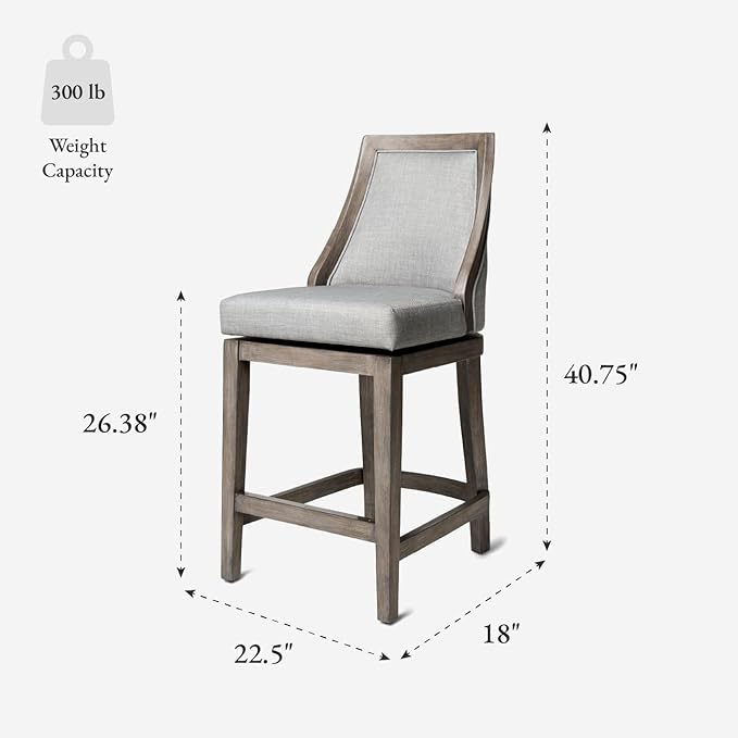 Maven Lane Vienna Counter Stools 26 Inches – Set of 4 – Swivel Stools with Footrests – Grey Solid Wood and Grey Fabric Upholstery – Ideal for Kitchen Islands and Counters