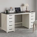 WOPITUES 60" Farmhouse Home Office Desk with 10 Wooden Drawers, Rustic Computer Writing Desk with Power Outlets, Large Executive Desk with Storage Cabinet for Work Study Writing, Black & White