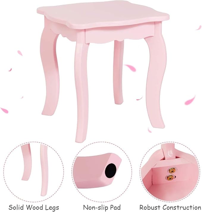 Costzon Kids Vanity, Girls Vanity Set with Tri-Folding Mirror, Stool, Storage Drawer, Princess Toddler Makeup Vanity Desk Dressing Table, Wooden Kids Vanity Table and Chair Set (Pink)