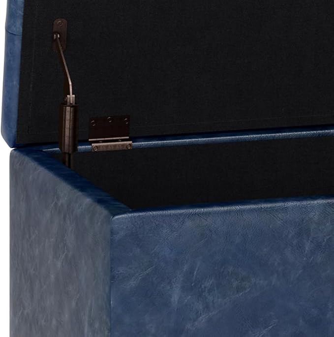 SIMPLIHOME Cosmopolitan Storage Ottoman - 34 inch Wide Upholstered Vegan Leather Rectangle Storage Ottoman Bench in Denim Blue, Transitional Tufted Ottoman for Living Room or Entryway with Lift-Up Lid