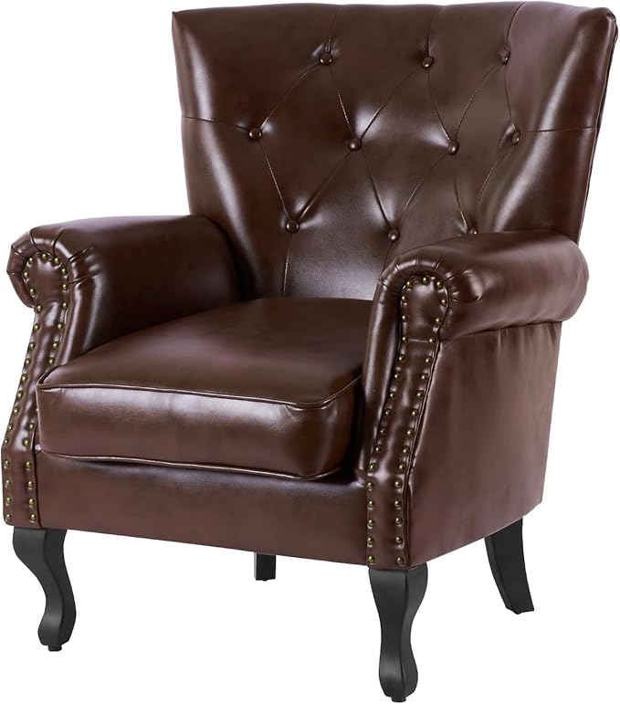 Modern Faux Leather Accent Chair, Upholstered Mid-Century Armchair with Solid Wood Legs, Single Sofa Chair for Living Room, Bedroom, or Reading Room（Reddish Brown）