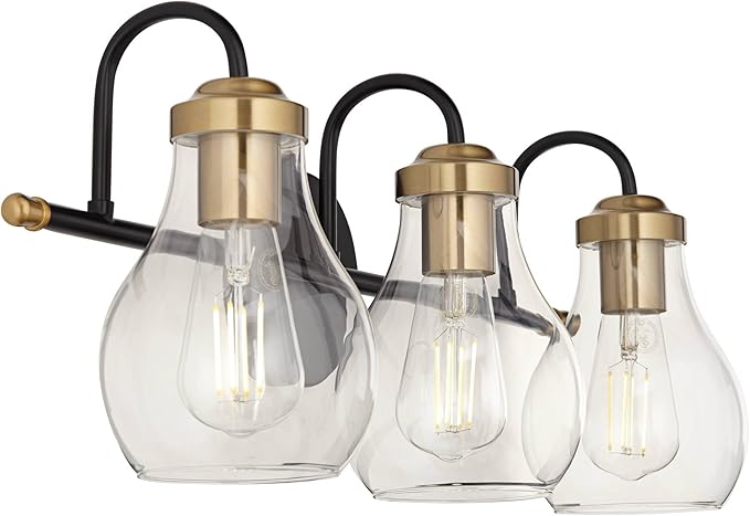 Possini Euro Design Brade Industrial Modern Wall Light Black Gold Hardwired 22 3/4" 3-Light Fixture Clear Glass Shades for Bedroom Bathroom Vanity Reading Living Room Hallway House Home Decor