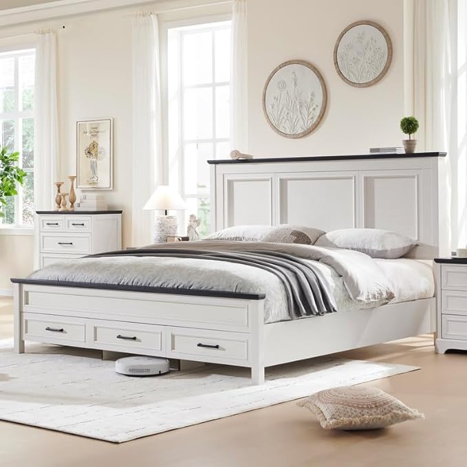 ACCOHOHO Farmhouse Queen Size Bed Frame with 52" Tall Headboard, Wood Platform Bedframe with Footboard and Storage Drawers, No Squeak, No Box Spring Needed, Off White