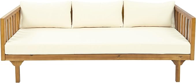 Christopher Knight Home Claremont Outdoor 3 Seater Acacia Wood Daybed with Fabric Water Resistant and Removable Cushions, Patio Garden Poolside Sofa with Slat Paneling Armrest and Back, Teak and Beige