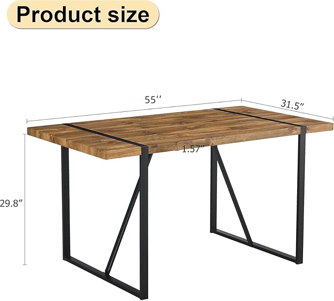 55'' Dining Table for 4-6, Wood Kitchen Table with Metal Legs, Dinner Table for 4-6 for Home Dining Room Living Room