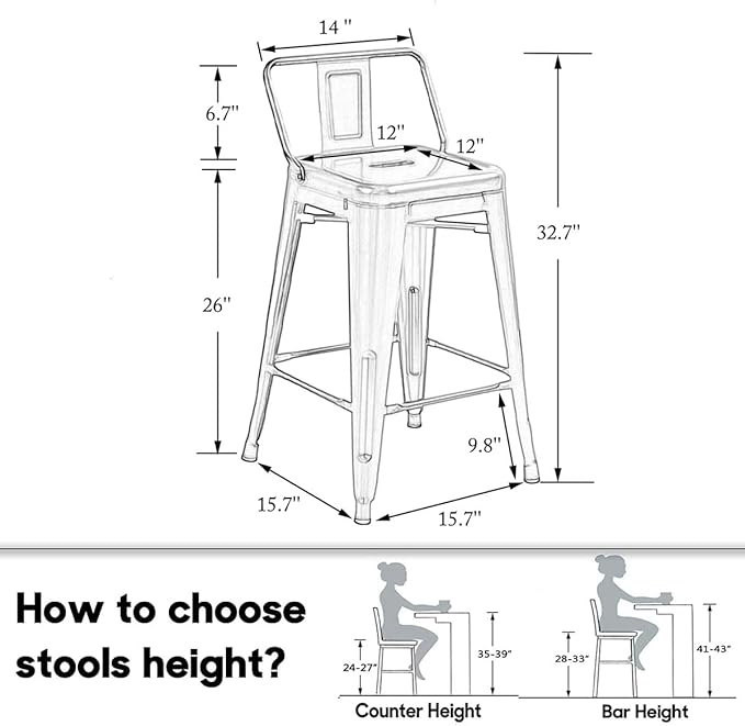 HAOBO Home Modern Industrial Metal Stool [Set of 4] for Indoor/Outdoor Dining Chair (26", Low Back White)
