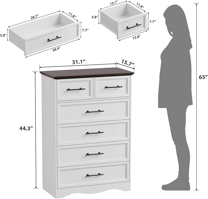White Farmhouse Dresser for Bedroom, Modern 6 Chest of Drawers, 44" Tall Chest of Drawers w/Brushed Metal Handle, Wood Closet Organizers and Storage Cabinet for Bedroom, Living Room, Hallway