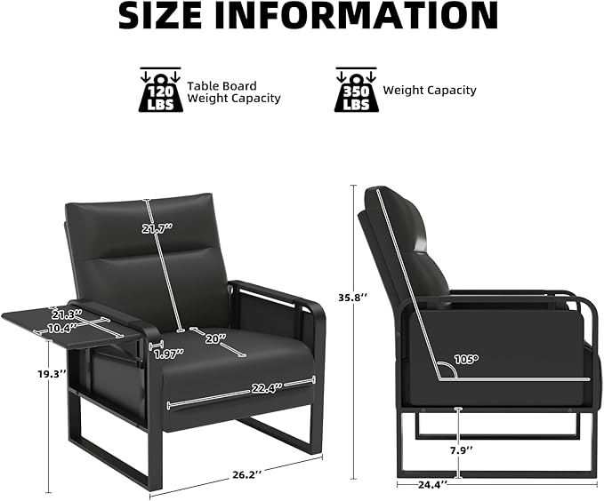 Upholstered Accent Sofa, Modern Faux Leather Sofa Chair with Foldable Side Tray Table & Storage Pocket, Small Accent Sofa for Living Room, Bedroom, Reception Room, Black