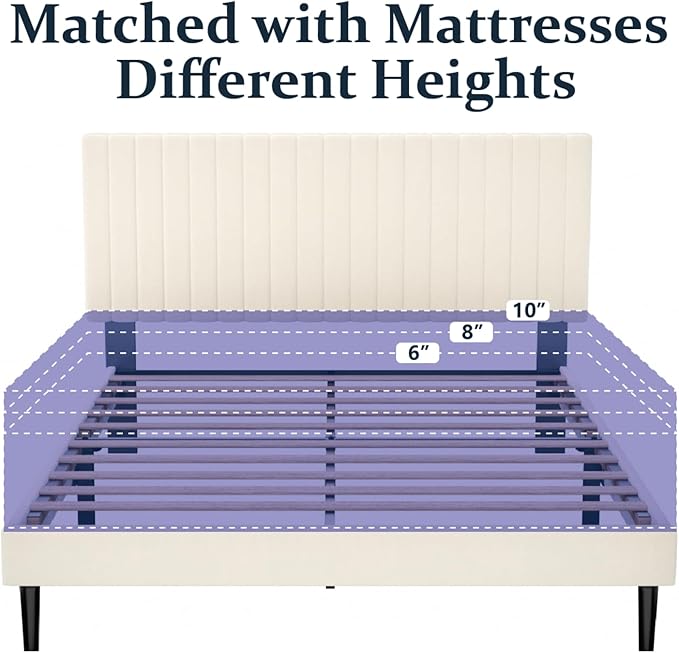 Queen Size Platform Bed Frame with Velvet Upholstered Headboard, Queen Bed Frame with Strong Wood Slats, Box Spring Optional, Mattress Foundation, Easy Assembly Beige