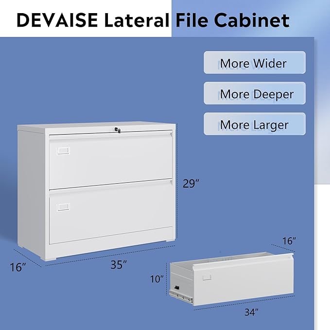 DEVAISE Metal Lateral File Cabinet with Lock, 2 Drawer Filing Cabinets for Home Office, Wide Storage Organization for Hanging Files Letter/A4/Legal/F4 Size, White, 16" D x 35" W x 29" H