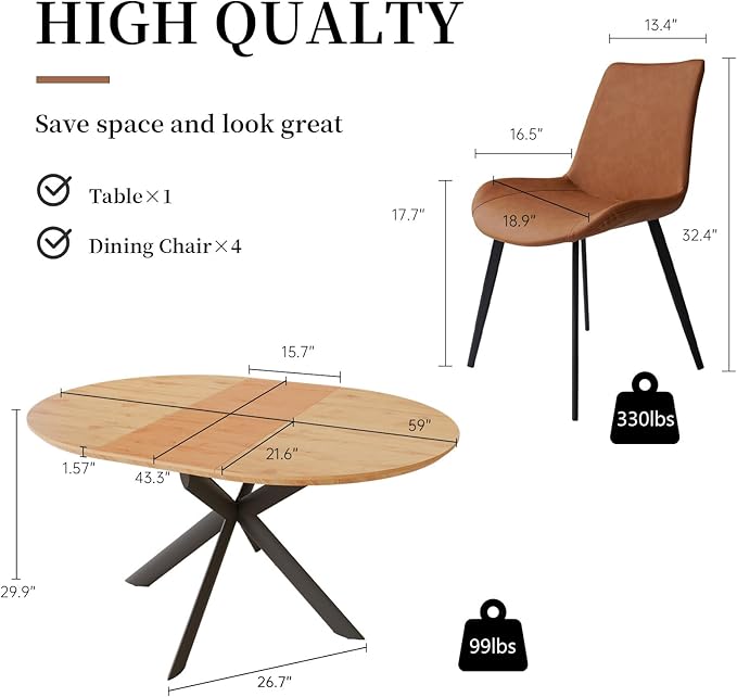 43.2"-59.1" Extendable Round Dining Table Set, Mid Century Modern Wooden Round Table, Leisure Oak Coffee Table,w/ 4 PU Leather Chairs