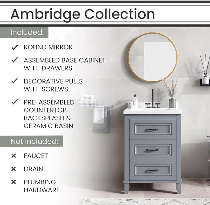 Hanover Ambridge 24'' Vanity Cabinet with Sink Combo for Bathroom, Powder Room, Pre-Assembled Cabinet, 2 Drawers, Accent Mirror, Artificial Stone Countertop, Gray Cabinet