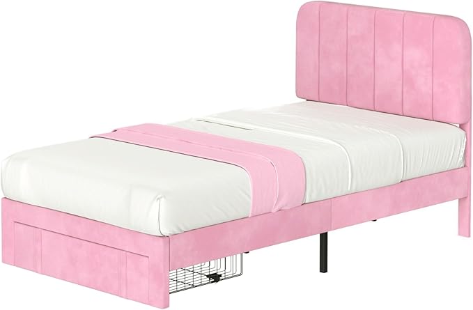 VECELO Twin Size Upholstered Bed Frame with 4 Drawers and Headboard, Velvet Platform Storage Bedframe, Wooden Slats Support, No Box Spring Needed,Pink