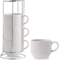 HASENSE Ceramic Coffee Mugs Set of 4 with Rack - 15 oz Stackable Large Porcelain Ribbed Latte Cup Set for Cappuccino, Tea, Hot Cocoa, Drinks - Dishwasher & Microwave Safe, White