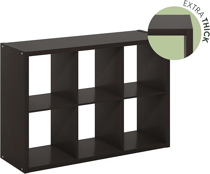 Furinno CUBICLE Book Shelf, 6-Cube Thick Frame Bookshelf, Horizontally & Vertically Reversible Bookcase with Open Back, 14.6 x 43.8 x 30, for Living Room, Bedroom, Home Office, Black Dark Oak