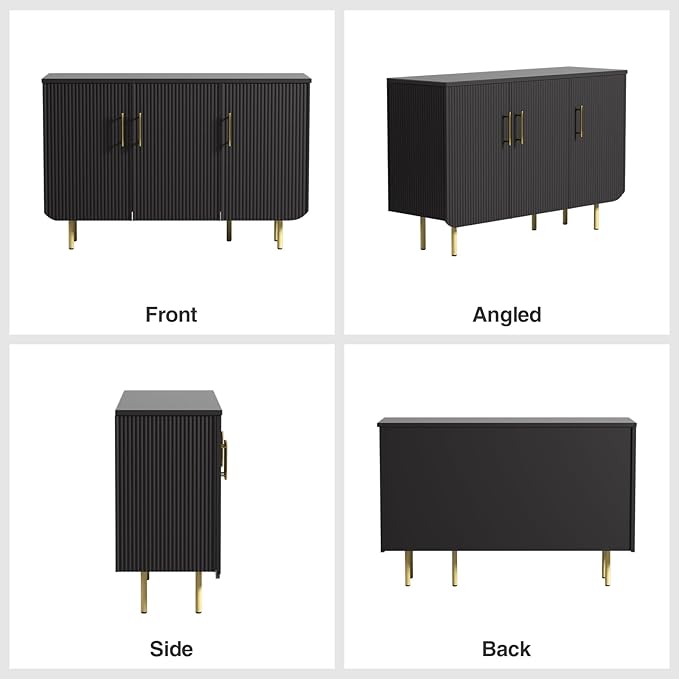 Set of 2 Fluted Black Storage Cabinets, Modern 3-Door Sideboard Buffet Cabinet with Adjustable Shelves and Metal Legs, Accent Cabinet for Kitchen, Living Room, Entryway (Black & Gold)