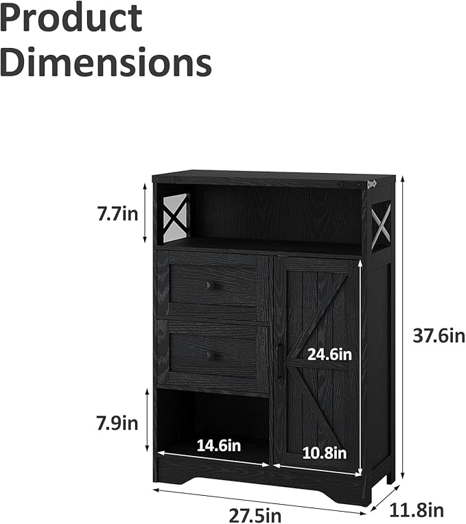 Fameill Farmhouse Storage Cabinet with 2 Drawers & Shelves,Freestanding Kitchen Cabinet with Doors,Floor Storage Organization for Living Room,Bathroom,Laundry,Black