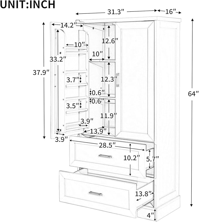 Polibi Tall Storage Cabinet with 2 Doors, 2 Drawers, 4-Tier Storage Racks of Each Door, Adjustable Shelf, Floor Free-Standing Cabinet for Bathroom, Living Room, MDF Board, Black