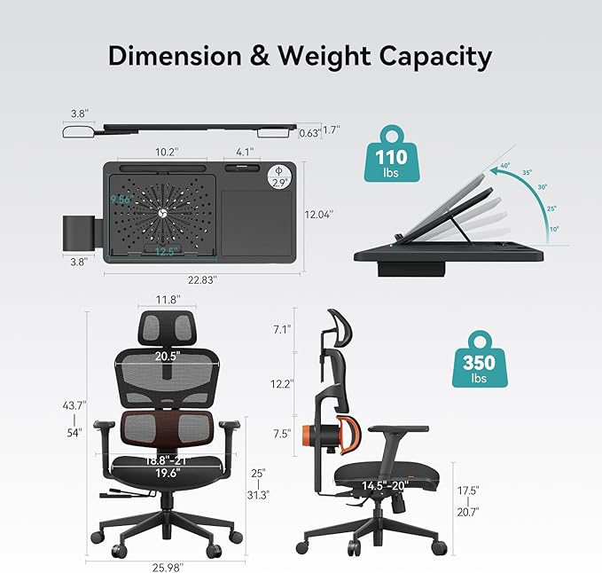 Newtral Ergonomic Office Chair with Fully Adaptive Lumbar Support, 136°Tilt Function, Computer Desk Chair with Soft 4D Armrest, Adjustable Headrest (Upgrade with Laptop Tray, Black)
