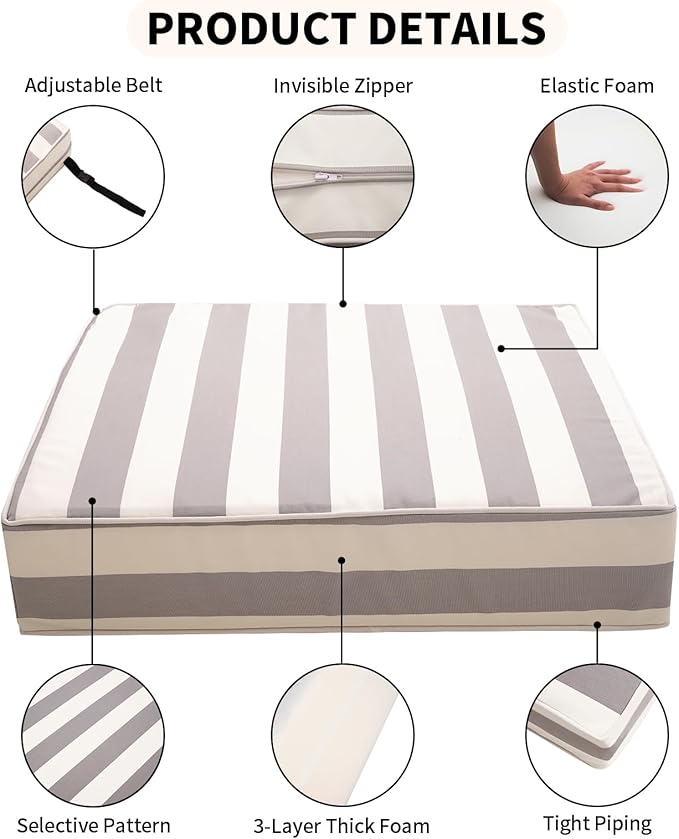 Outdoor Seat Cushions Set for Patio Furniture Thick Patio Cushion Set Weather-Resistant Cushions 23.6" W x 23.6" D x 5” T,Grey Stripes