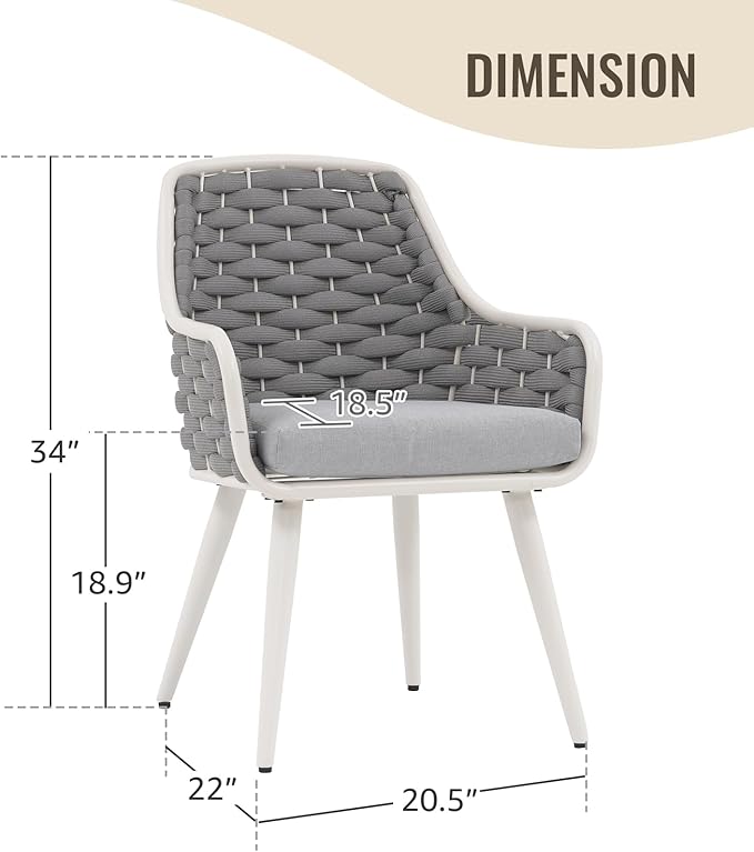 SUNSITT Outdoor Dining Chairs Set of 2, Metal Outdoor Patio Dining Chairs with Weather-Resistant Cushions, Woven Rope Chairs Outdoor with Armrest Light Grey Outdoor Furniture Chairs for Backyard