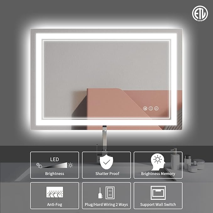 48x28 Inch LED Bathroom Mirror with Lights, Backlit and Front Lighted Bathroom Mirrors for Wall, Anti-Fog Dimmable, Memory, Shatterproof, LED Vanity Mirror for Bathroom
