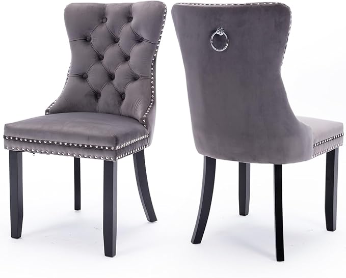 Velvet Upholstered Dining Chairs Set of 2, Modern Style Kitchen Side Chairs with Nailhead Trim and Wood Legs,Metal Pulling Ring for Dining Room Living Room(Grey,Set of 2)
