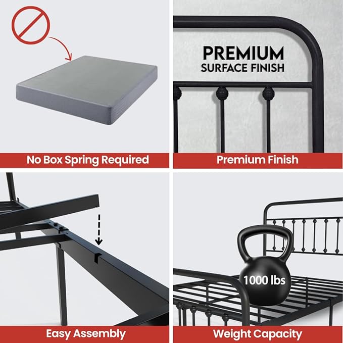 Golden Gate Beds Vintage Style King Size Metal Bed Frame with Wrought Iron Headboard and Footboard – Classic Platform Bed with 11" Storage Space, No Box Spring Required, Black Finish