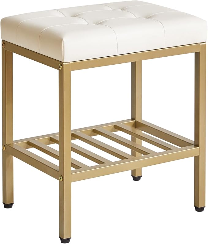 IBUYKE Rectangular Makeup Stool with Adjustable Feet and Storage Space, Footrest Chair, PU Vanity Seat, Multi-Use as Small Side Table or Ottoman, for Bedroom, White WBD017W
