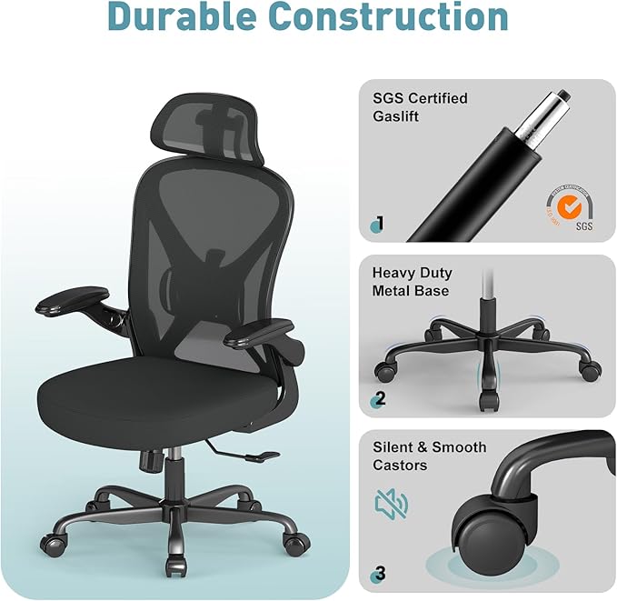 Ergonomic Office Chair Mesh Home Office Desk Chair with Adjustable Backrest and Headrest, Flip-up Armrests, Black
