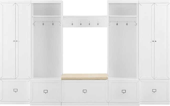Crosley Furniture Harper 6-Piece Hall Tree, Storage Cabinet, Shoe Rack Bench, and Wall Shelf Set with Hooks, White