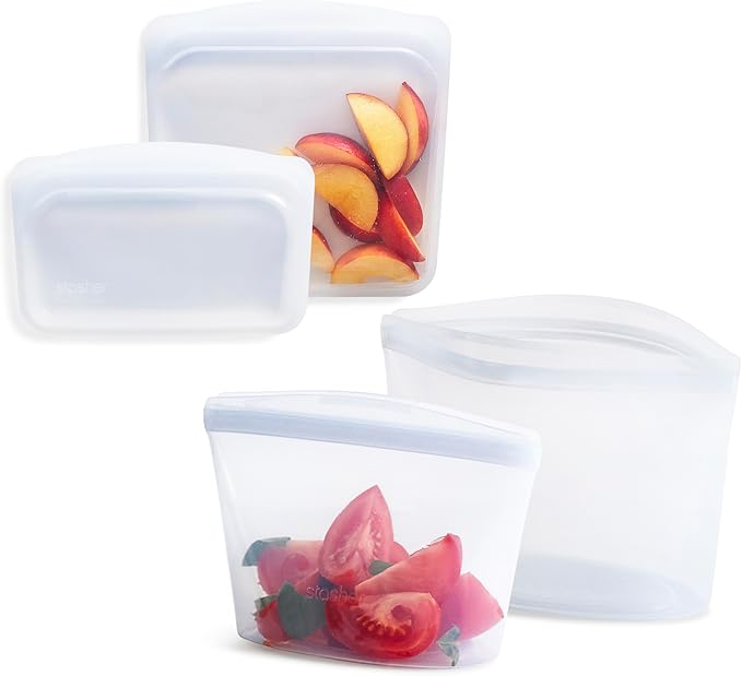 Stasher Premium Silicone Reusable Food Storage Bags, 4-Pack, Clear, Multi-Use Food Storage Bags, Lunch Bag, Travel Containers, BPA Free, Leak-free, Dishwasher-Safe, Eco-friendly