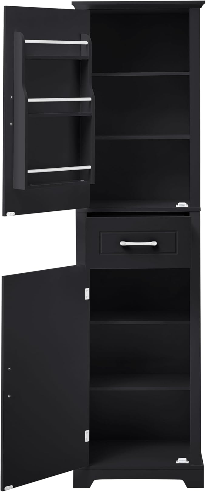 Bathroom Tall Storage Cabinet, Floor Freestanding Storage Cabinet with 2 Doors, One Drawer, Door Shelve Design, and Adjustable Shelf for Bathroom, Office, Multi-Use Organizer, Black