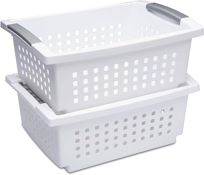 Sterilite Stackable Storage Bin and Organization Basket with Flip Down Accent Rails for Home and Household Organization, Medium, White (30 Pack)