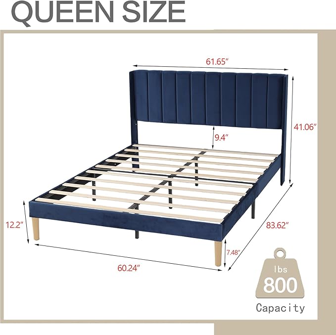 AGARTT Upholstered Platform Bed Frame Queen Size with Headboard and Footboard/Wooden Slats Support/No Box Spring Needed/Easy Assembly,Blue Velvet