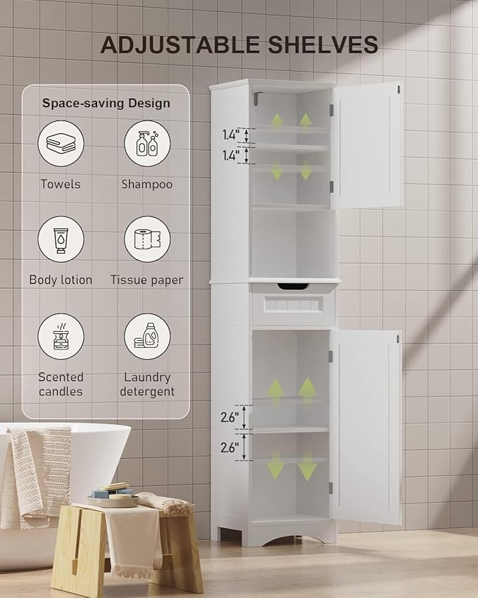 Gizoon 67" H Tall Bathroom Cabinet, Storage Cabinet with 2 Doors & Drawer, Narrow Bathroom Storage Cabinet Freestanding Adjustable Shelves for Home, Kitchen, Versatile, Anti-Tipping, White