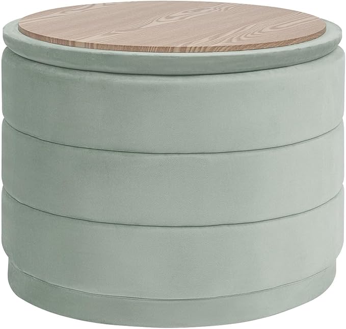 PINPLUS Large Round Velvet Storage Ottoman, Sage Upholstered Footstool with Hidden Storage, Sturdy Coffee Table Ottoman for Living Room & Bedroom