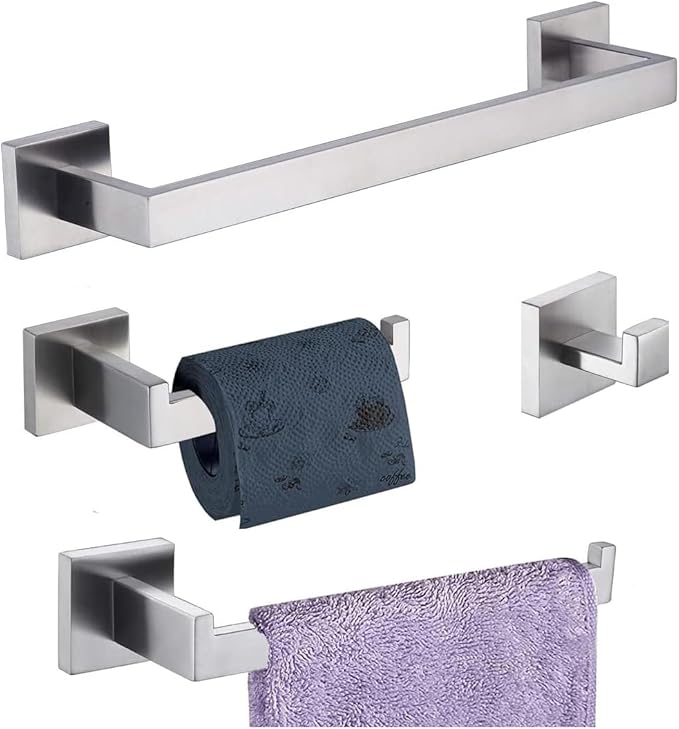 Bathroom Hardware Set Bathroom Accessories Set SUS304 Towel Bar Set Includes Towel Bar Inch+Towel Holder+Toilet Paper Holder+Towel Hook (4, Brush Nickel)