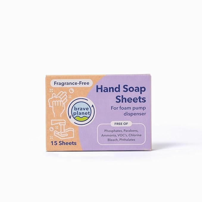 Brave Planet Foaming Hand Soap Refills – Eco-Friendly Fragrance-Free Sheets that are Biodegradable - Just Add Water to Dissolve & Refill 3-5 Bottles or Use Individually for Travel or Camping - 15 Ct