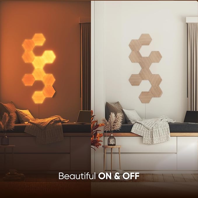 Nanoleaf Elements Wood Look Smart Wall Lights, Hexagon LED Wall Lights work with Alexa Google Assistant, Home Wall Decor for Living Room with Music Sync, Touch Control, Ambient Lighting, 7 PK