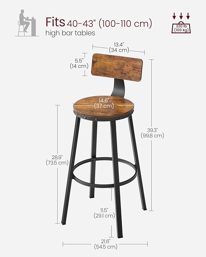 VASAGLE Bar Stools Set of 4, Bar Height Stools, 28.9 Inches Counter Barstools Chairs with Back for Dining Kitchen Island, Steel Frame, Industrial Style, Easy Assembly, Rustic Brown and Ink Black