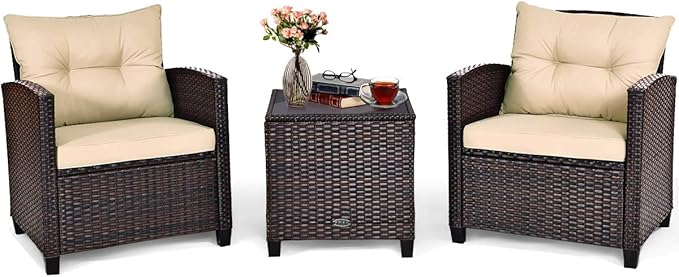 Tangkula 3 Pieces Patio Furniture Set, PE Rattan Wicker 3 Pcs Outdoor Sofa Set w/Washable Cushion and Tempered Glass Tabletop, Conversation Furniture for Garden Poolside Balcony (Beige)