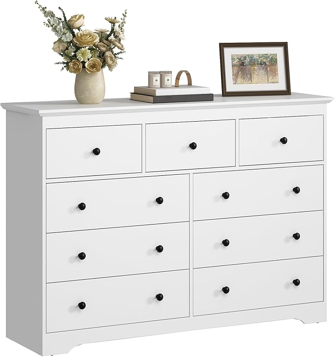 LYNSOM Modern 9 Drawer Dresser, 55.1" Wide Dressers & Chests of Drawers with Large Capacity Storage, Mid Century White Dresser for Bedroom, Hallway, White